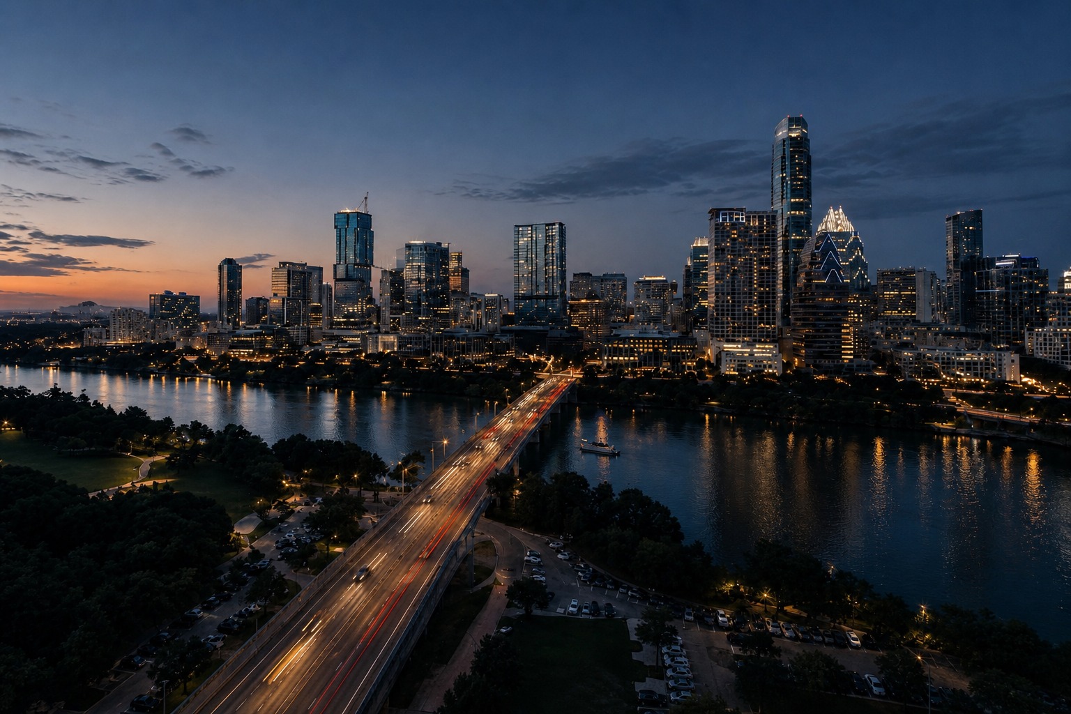 Downtown Austin, Texas skyline at dusk across Lady Bird Lake