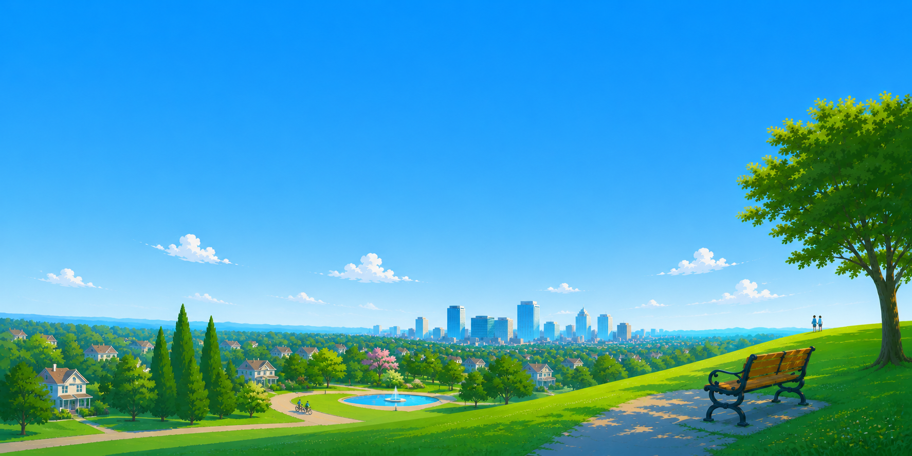 Scenic view of a city skyline beyond green park hills and suburban homes